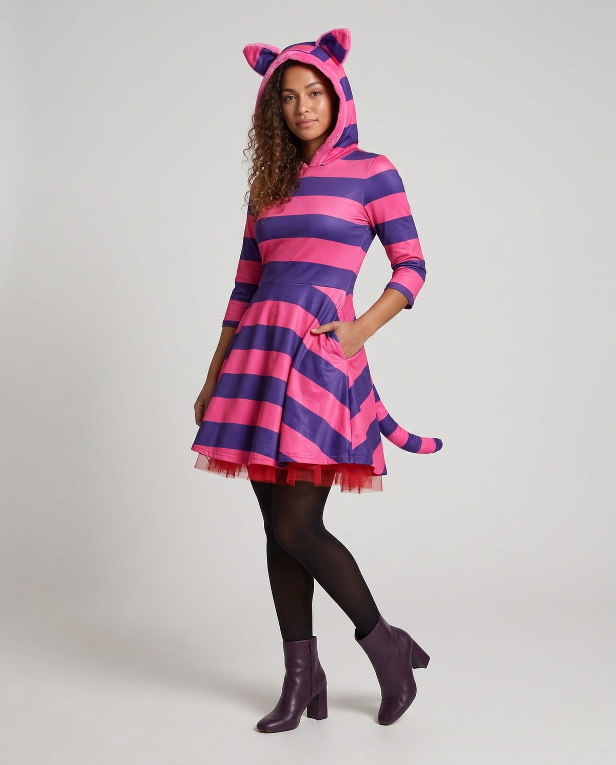 Women's pink and purple striped hooded cat costume dress with ears and tail