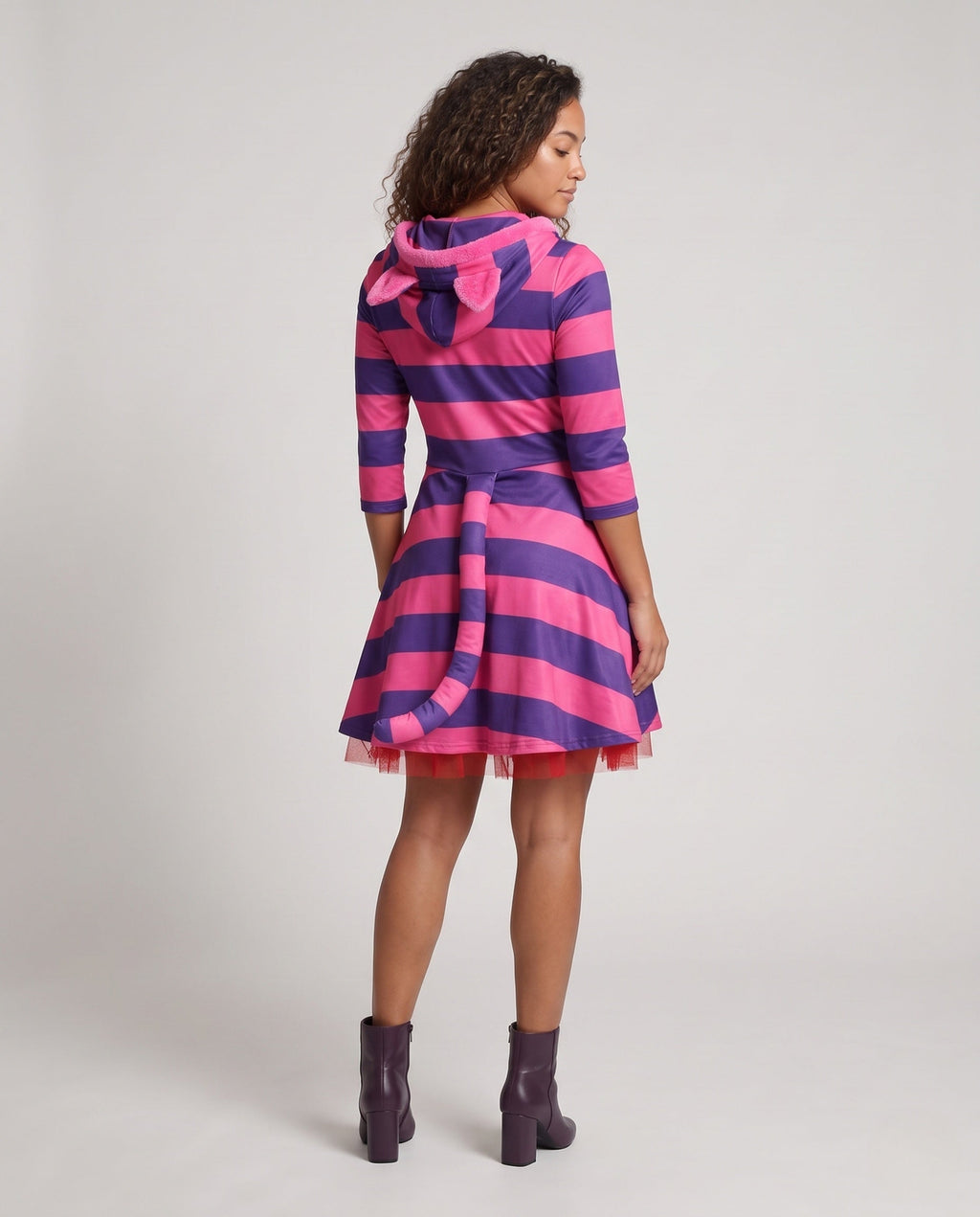 Women's pink and purple striped hooded cat costume dress with ears and tail - view 3
