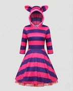 Women's pink and purple striped hooded cat costume dress with ears and tail - view 4