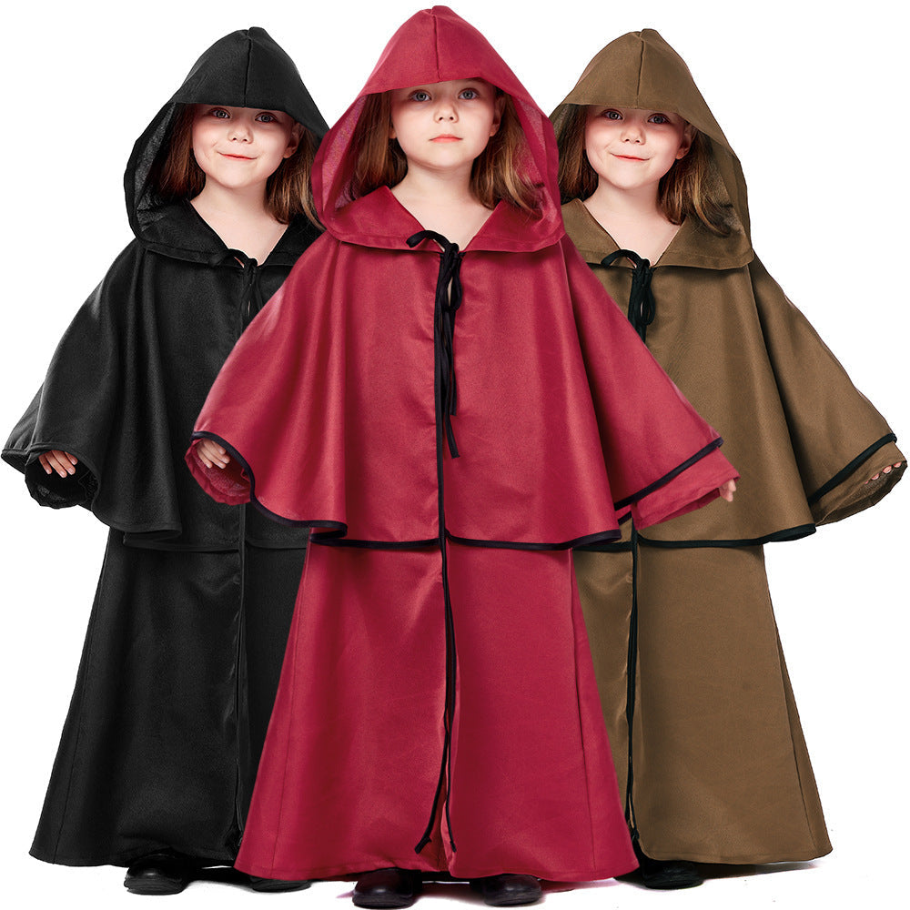 Kids hooded wizard robe costume with layered capelet and black trim