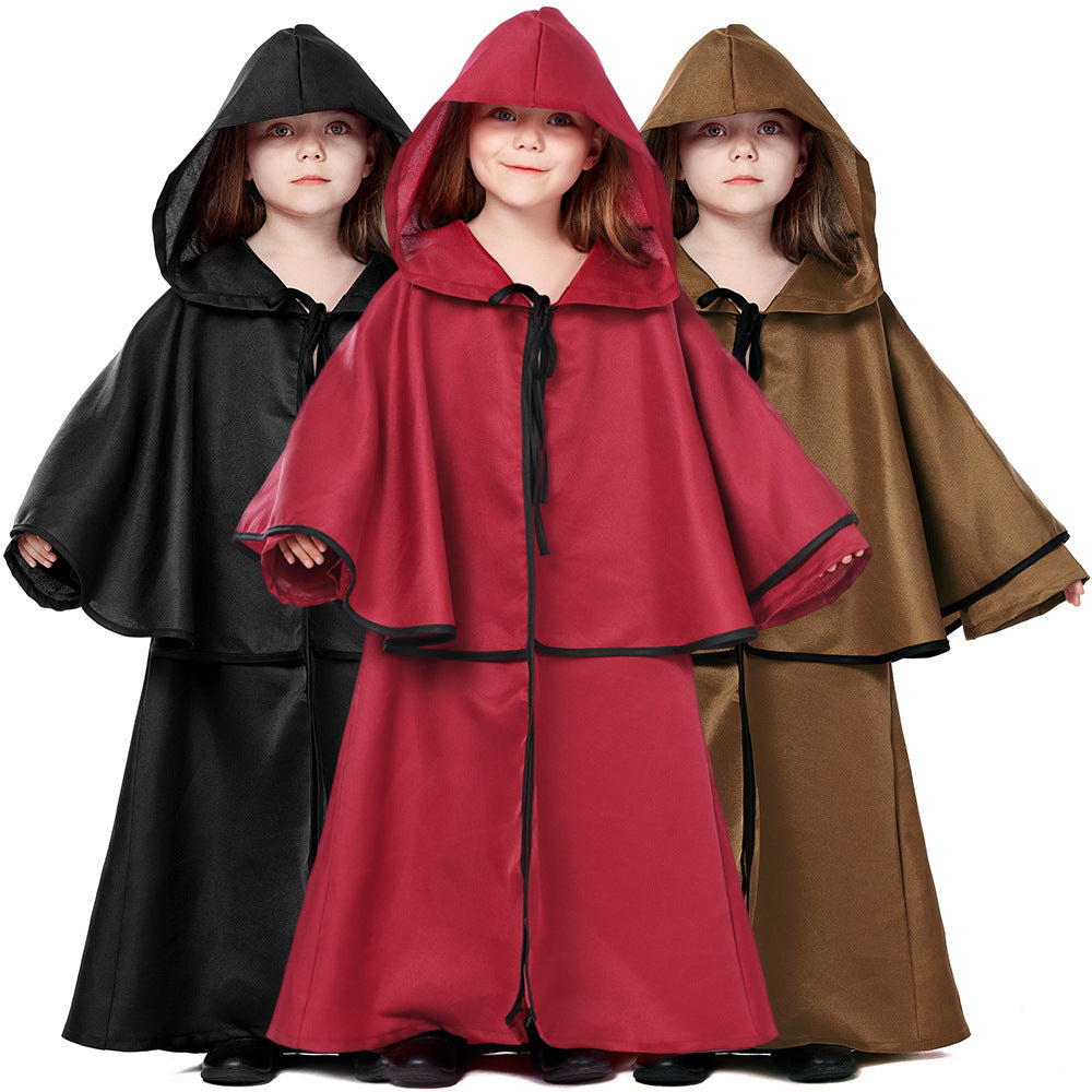 Kids hooded wizard robe costume with layered capelet and black trim - view 2