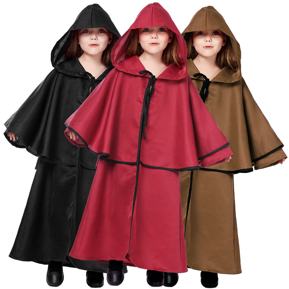 Kids hooded wizard robe costume with layered capelet and black trim - view 3