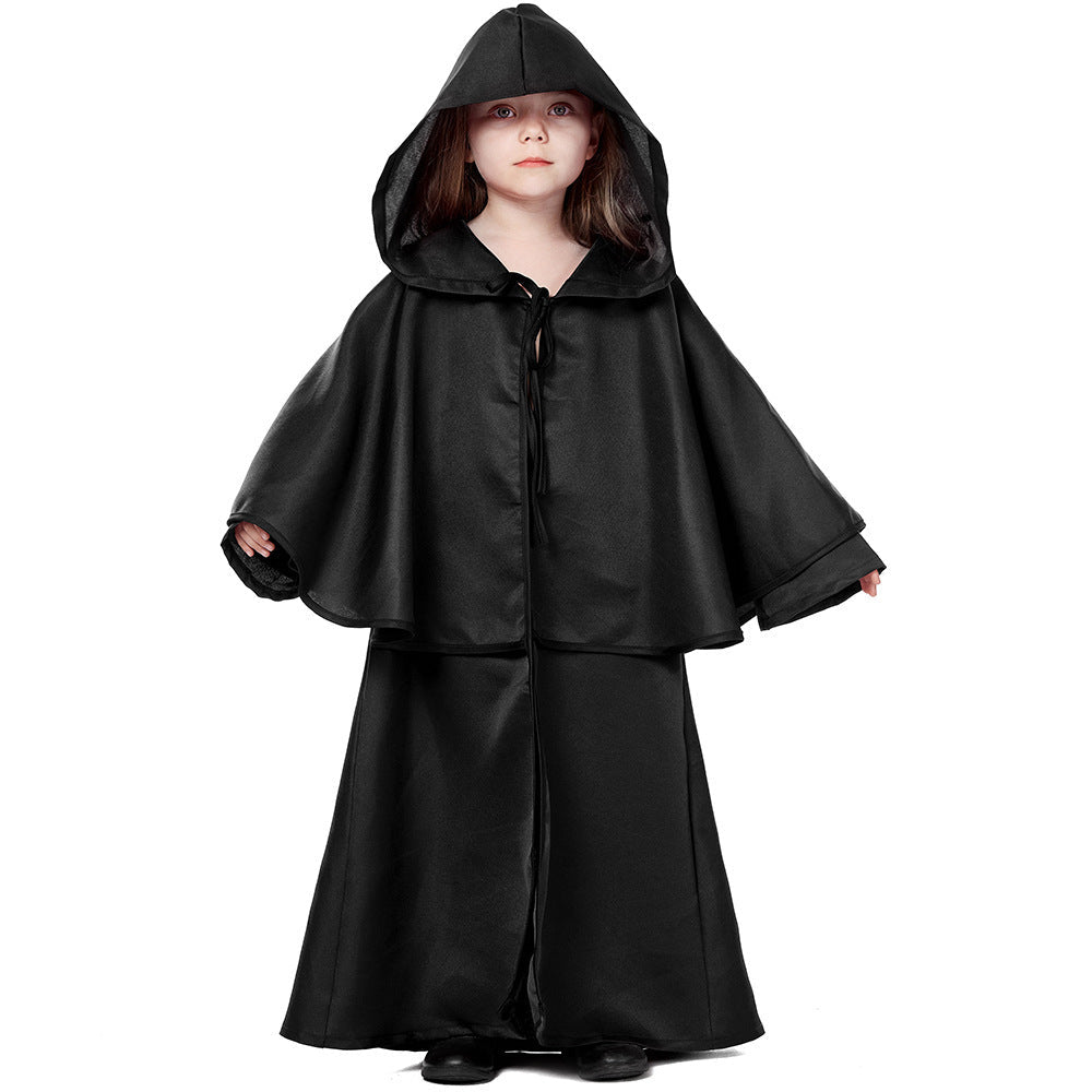 Kids hooded wizard robe costume with layered capelet and black trim - view 4