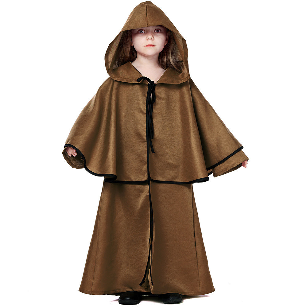 Kids hooded wizard robe costume with layered capelet and black trim - view 6