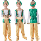 Boy wearing green and gold prince Halloween costume with brocade vest top, gold sash, gold pants and feathered headpiece