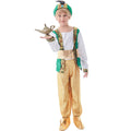Boy wearing green and gold prince Halloween costume with brocade vest top, gold sash, gold pants and feathered headpiece - view 2