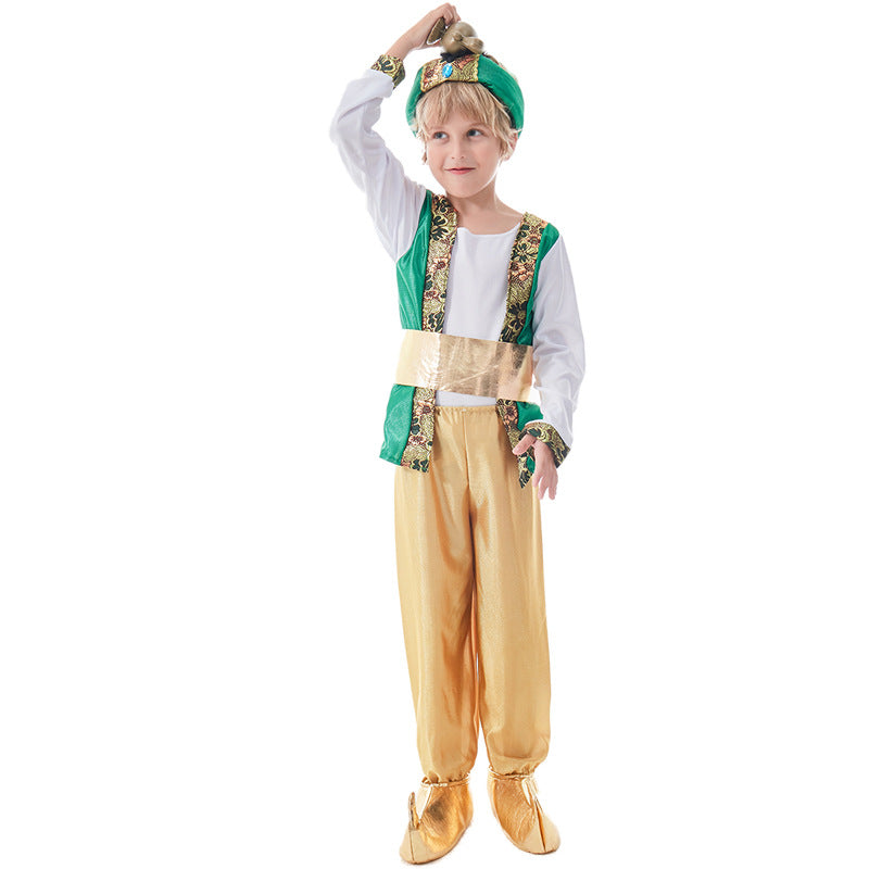 Boy wearing green and gold prince Halloween costume with brocade vest top, gold sash, gold pants and feathered headpiece - view 3