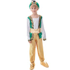 Boy wearing green and gold prince Halloween costume with brocade vest top, gold sash, gold pants and feathered headpiece - view 4