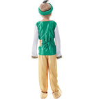 Boy wearing green and gold prince Halloween costume with brocade vest top, gold sash, gold pants and feathered headpiece - view 5