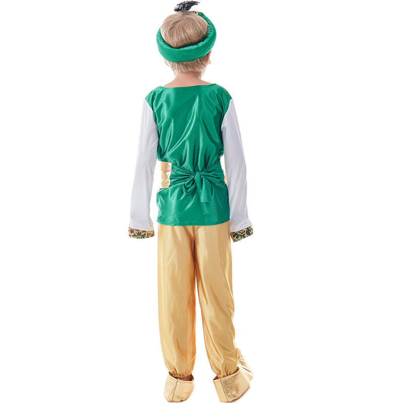 Boy wearing green and gold prince Halloween costume with brocade vest top, gold sash, gold pants and feathered headpiece - view 5