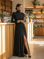 Black pleated maxi skirt set with fitted turtleneck top in motion - view 3