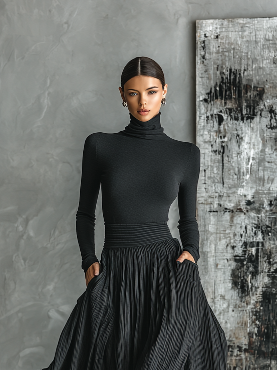 Black pleated maxi skirt set with fitted turtleneck top in motion - view 4