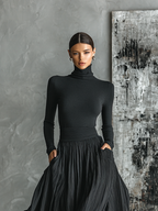 Black pleated maxi skirt set with fitted turtleneck top in motion - view 4