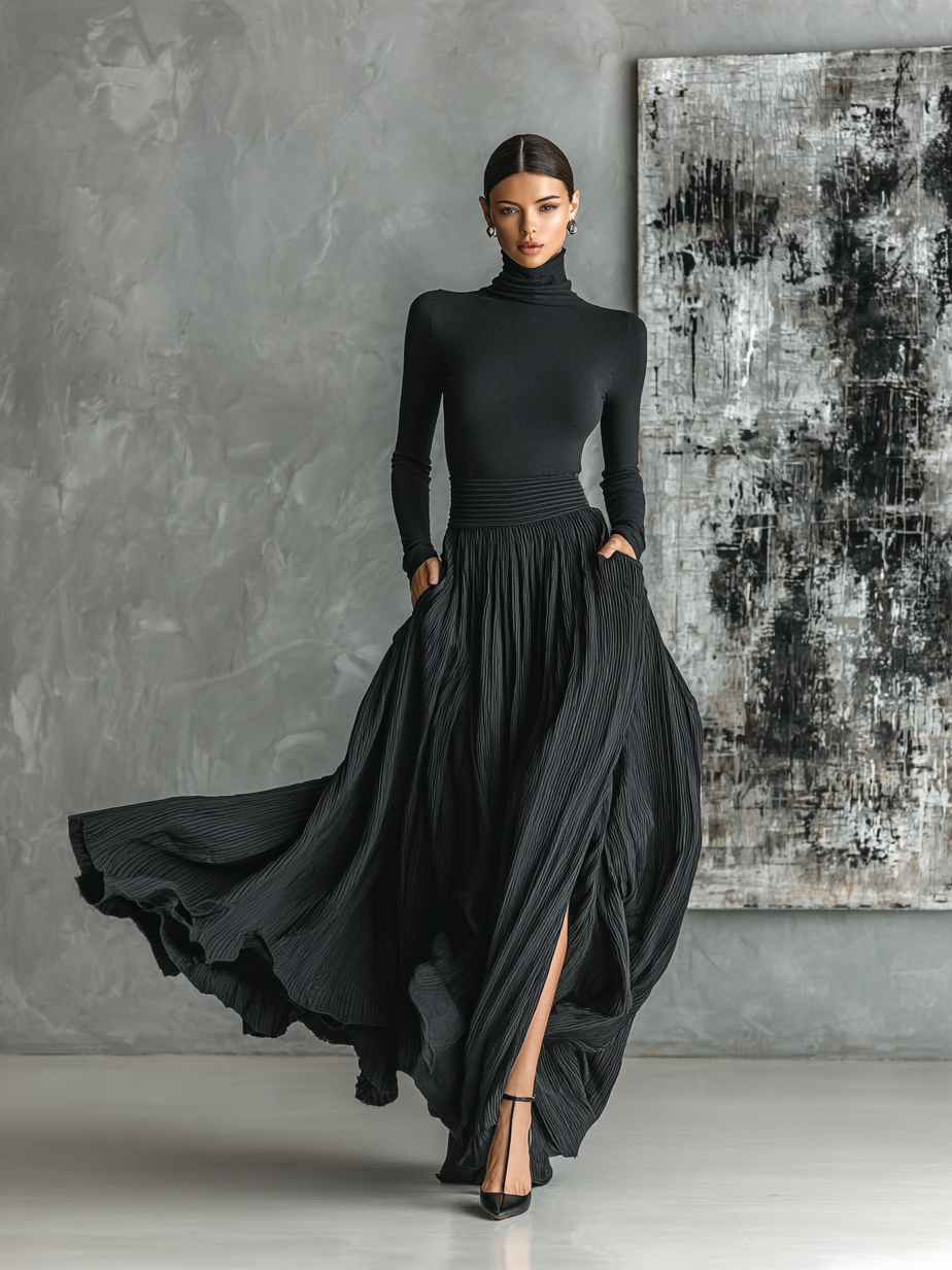 Black pleated maxi skirt set with fitted turtleneck top in motion - view 6
