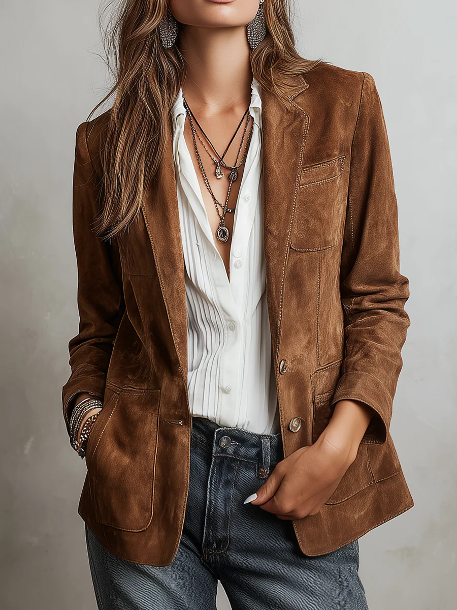 Women's brown suede jacket in a tailored blazer cut with notch lapels and topstitched patch pockets