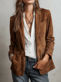 Women's brown suede jacket in a tailored blazer cut with notch lapels and topstitched patch pockets