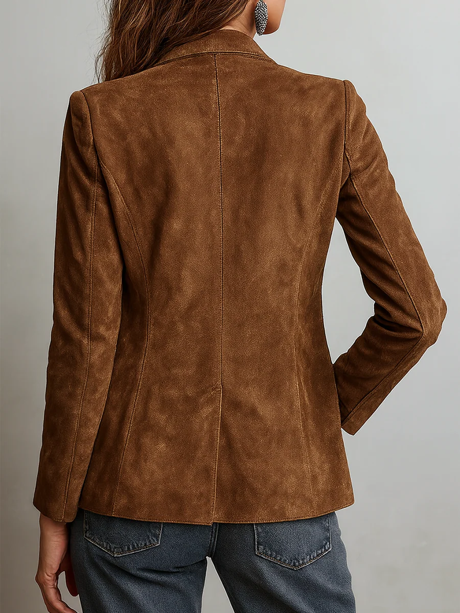 Women's brown suede jacket in a tailored blazer cut with notch lapels and topstitched patch pockets - view 2