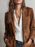 Women's brown suede jacket in a tailored blazer cut with notch lapels and topstitched patch pockets - view 3