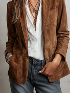 Women's brown suede jacket in a tailored blazer cut with notch lapels and topstitched patch pockets - view 4