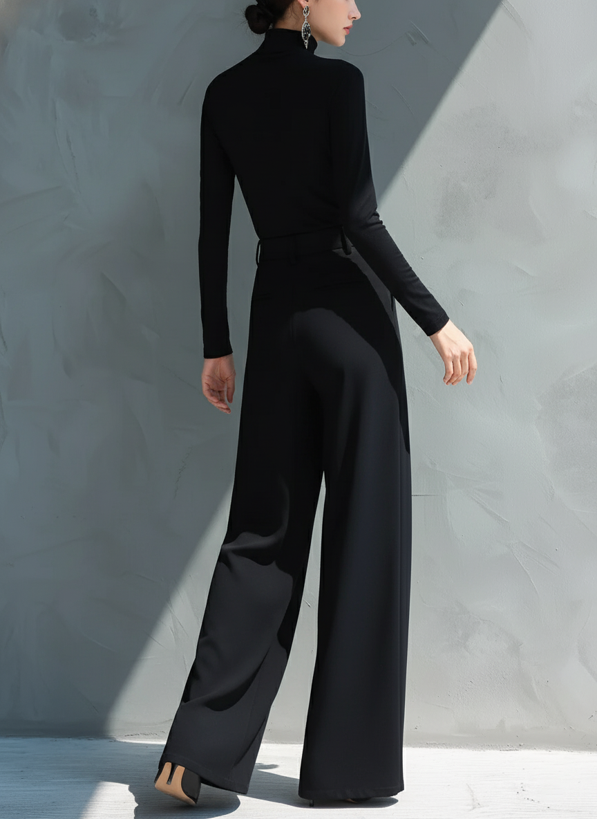 Woman in black long sleeve wide leg jumpsuit with turtleneck and pleated legs - view 5