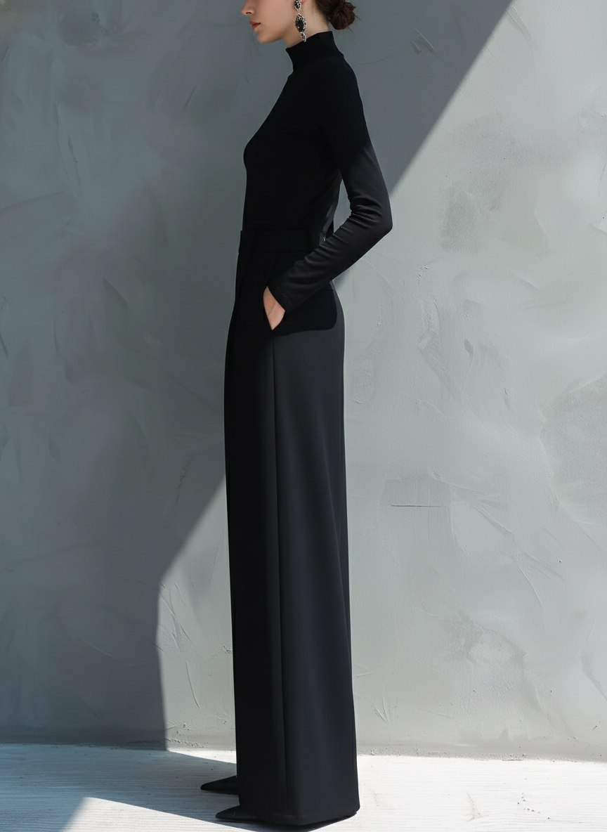 Woman in black long sleeve wide leg jumpsuit with turtleneck and pleated legs - view 6