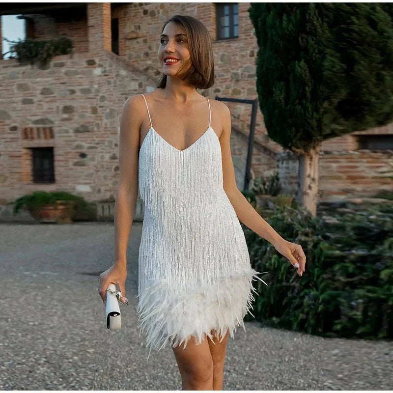 Holiday sequin fringe mini dress with feather hem