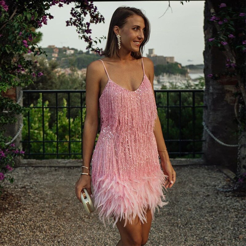 Holiday sequin fringe mini dress with feather hem - view 4