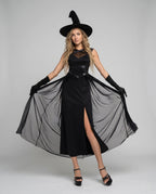 Women's black witch costume with sheer mesh overskirt and pointed hat