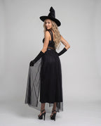 Women's black witch costume with sheer mesh overskirt and pointed hat - view 3