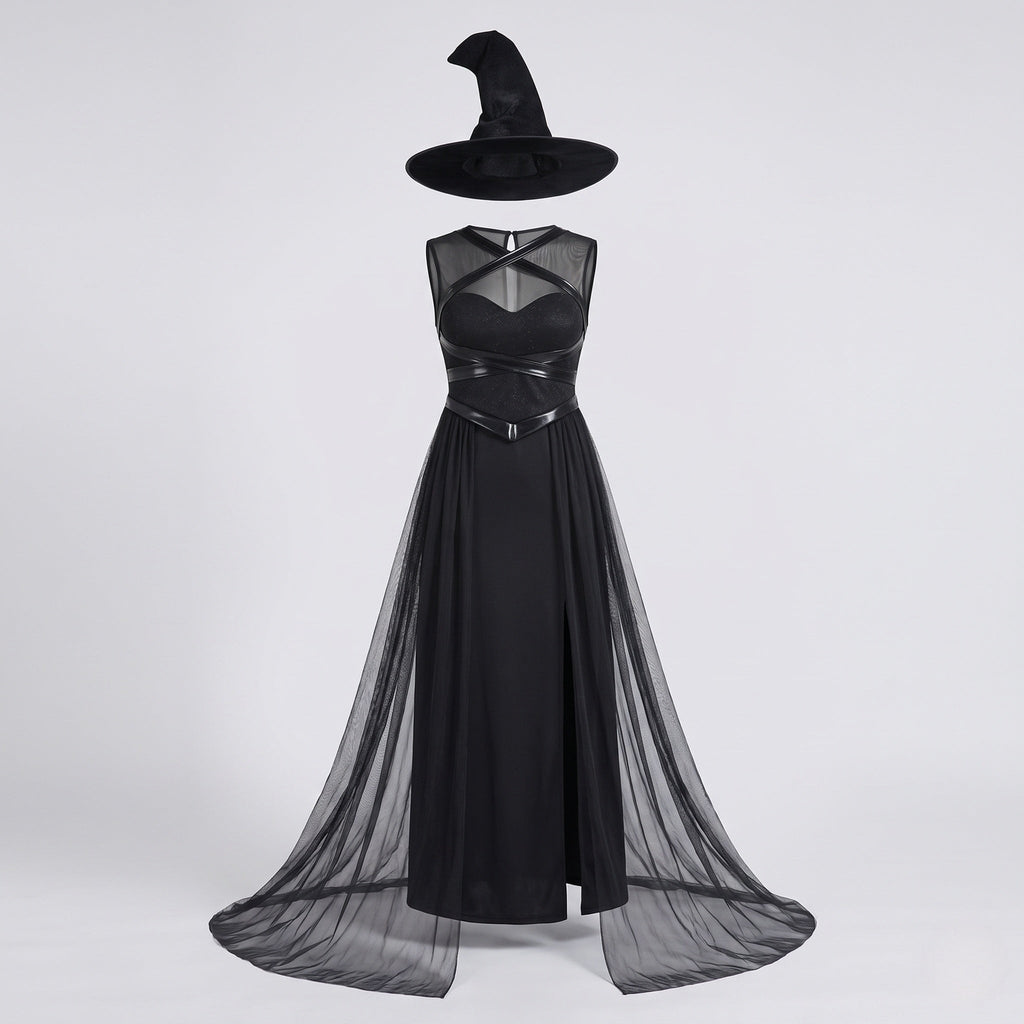 Women's black witch costume with sheer mesh overskirt and pointed hat - view 4