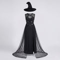 Women's black witch costume with sheer mesh overskirt and pointed hat - view 4