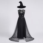 Women's black witch costume with sheer mesh overskirt and pointed hat - view 4