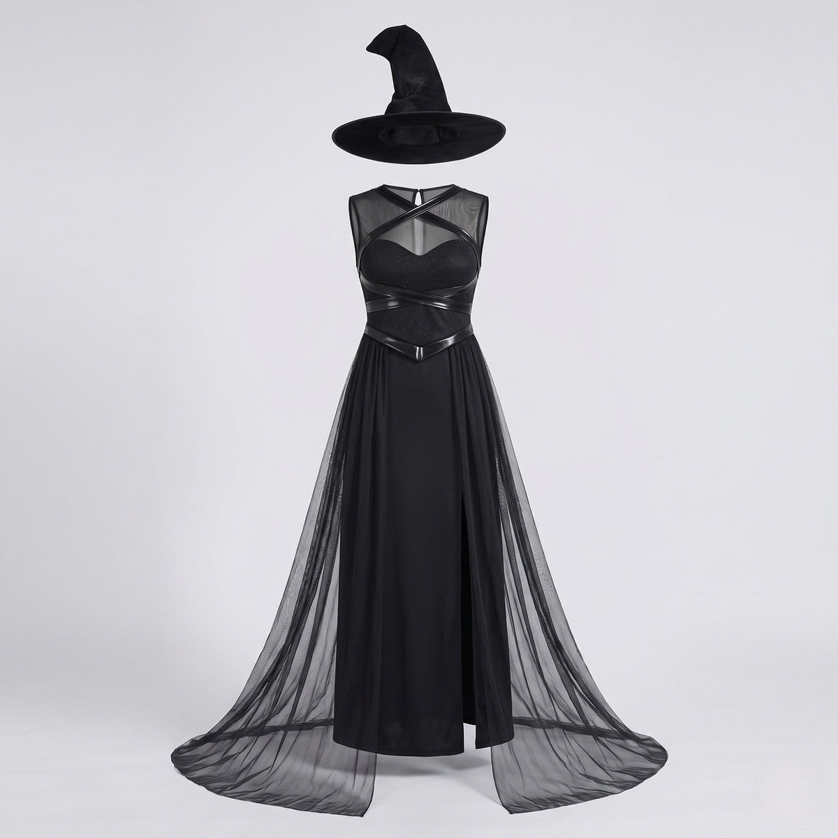 Women's black witch costume with sheer mesh overskirt and pointed hat - view 4