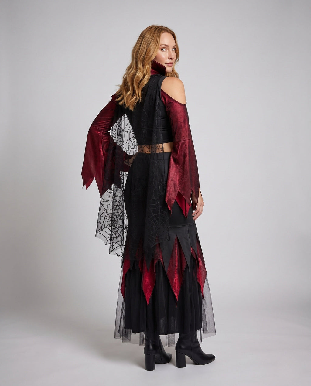 Women's two-piece vampire Halloween costume with red velvet crop top, spiderweb mesh bell sleeves and black jagged maxi skirt - view 4