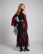 Women's two-piece vampire Halloween costume with red velvet crop top, spiderweb mesh bell sleeves and black jagged maxi skirt - view 4
