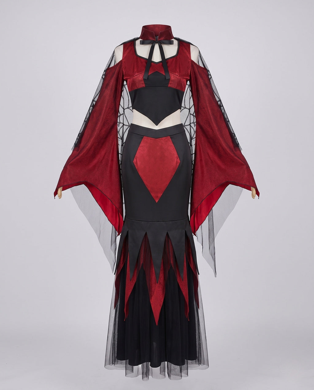 Women's two-piece vampire Halloween costume with red velvet crop top, spiderweb mesh bell sleeves and black jagged maxi skirt - view 5