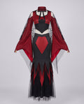 Women's two-piece vampire Halloween costume with red velvet crop top, spiderweb mesh bell sleeves and black jagged maxi skirt - view 5