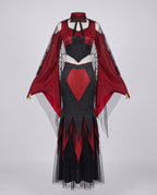 Women's two-piece vampire Halloween costume with red velvet crop top, spiderweb mesh bell sleeves and black jagged maxi skirt - view 5