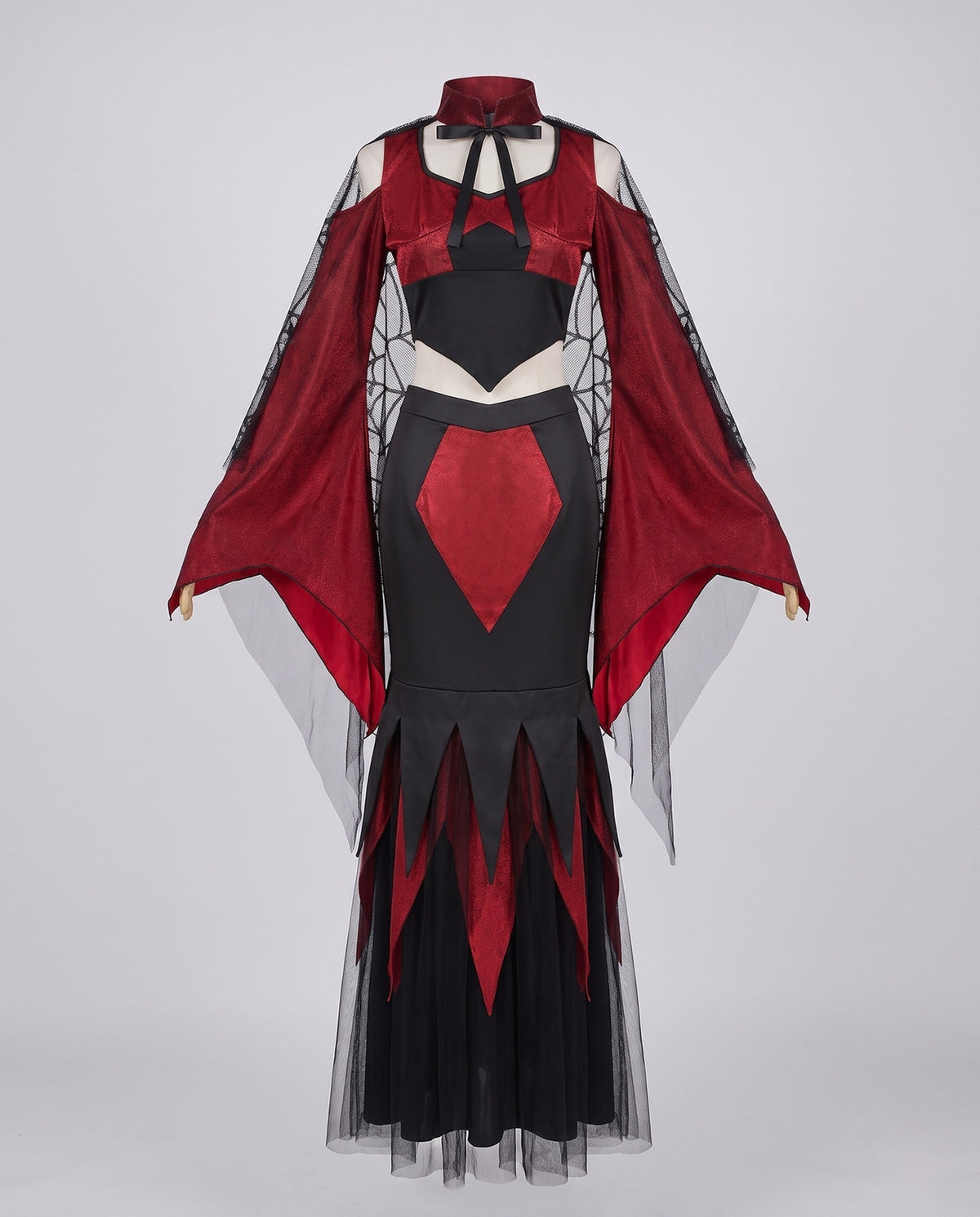 Women's two-piece vampire Halloween costume with red velvet crop top, spiderweb mesh bell sleeves and black jagged maxi skirt - view 5