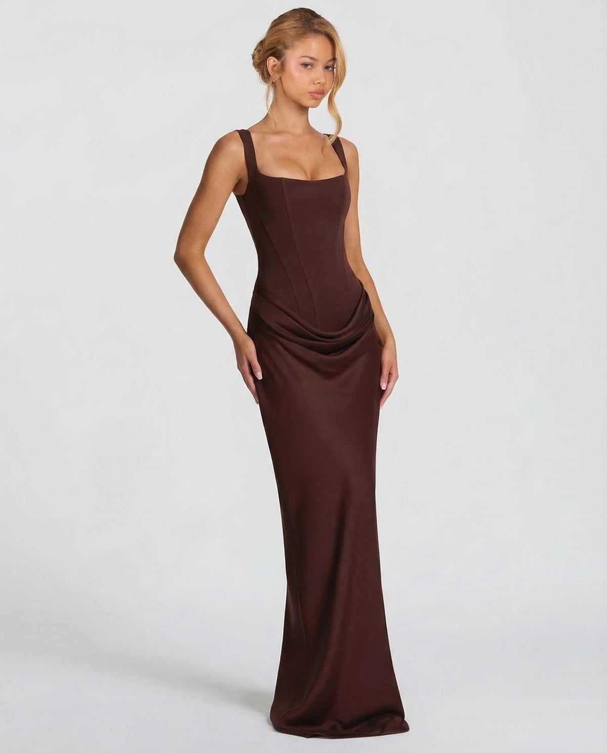 Draped corset maxi dress with wide straps and lace-up back - view 3