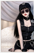 Women's black police Halloween costume with zip-front crop top, mini skirt and badge hat - view 2