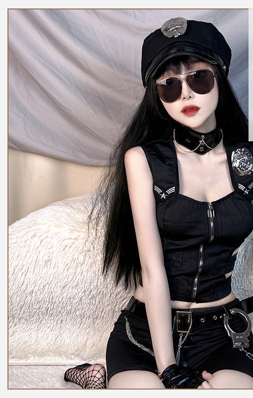 Women's black police Halloween costume with zip-front crop top, mini skirt and badge hat - view 2