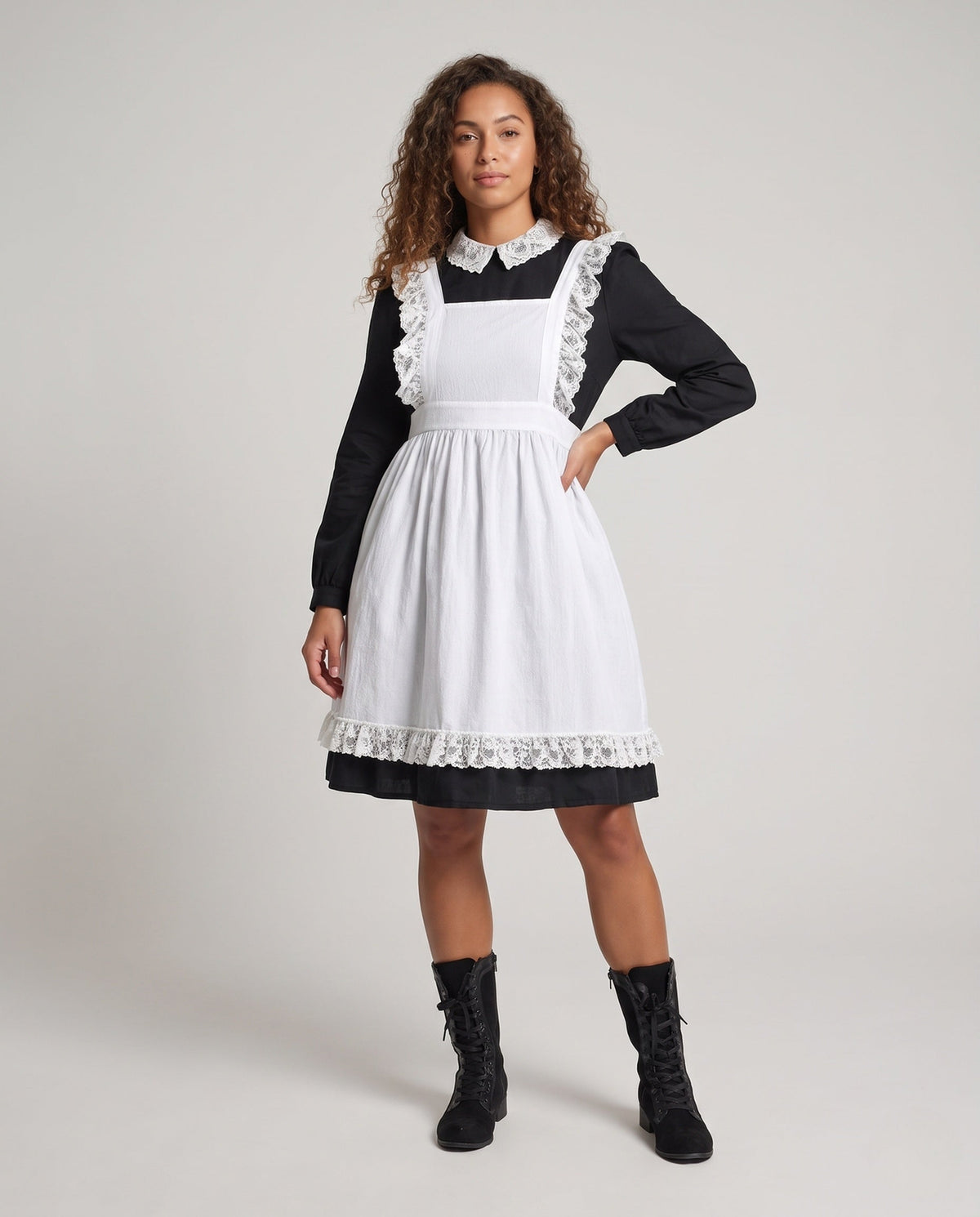 Women's black long sleeve maid Halloween costume with white lace-trimmed apron and lace collar