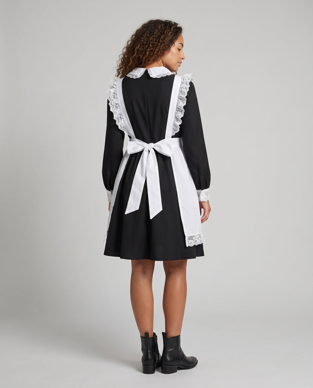 Women's black long sleeve maid Halloween costume with white lace-trimmed apron and lace collar - view 3