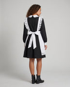 Women's black long sleeve maid Halloween costume with white lace-trimmed apron and lace collar - view 3