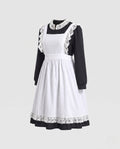 Women's black long sleeve maid Halloween costume with white lace-trimmed apron and lace collar - view 4