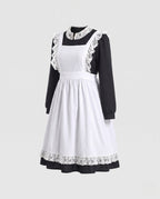 Women's black long sleeve maid Halloween costume with white lace-trimmed apron and lace collar - view 4