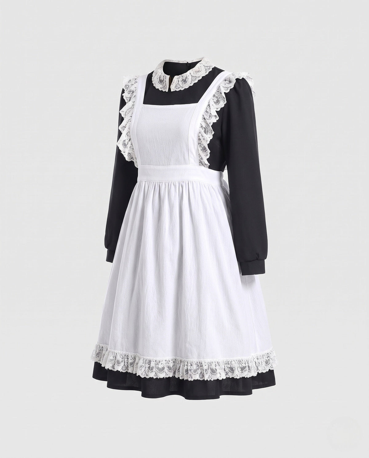 Women's black long sleeve maid Halloween costume with white lace-trimmed apron and lace collar - view 4