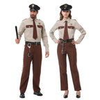 Sheriff uniform couples Halloween costume with beige shirt, brown tie, black peaked cap and brown striped trousers