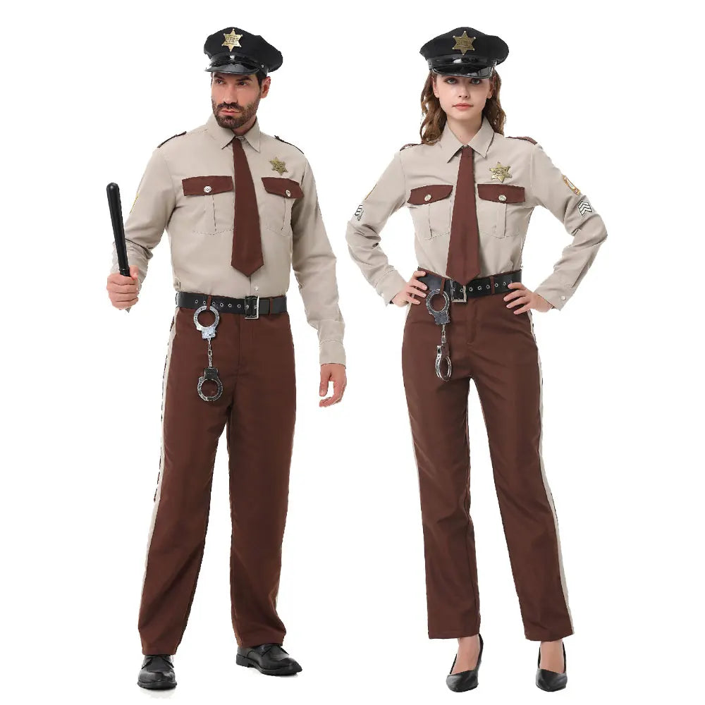 Sheriff uniform couples Halloween costume with beige shirt, brown tie, black peaked cap and brown striped trousers